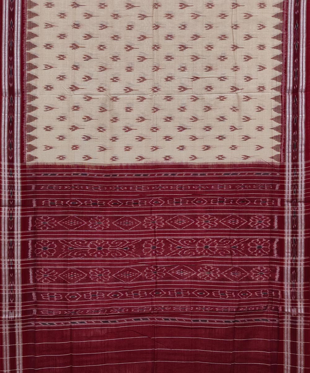 Beige Maroon Sambalpuri Handwoven Single Ikat Cotton Saree Image 2