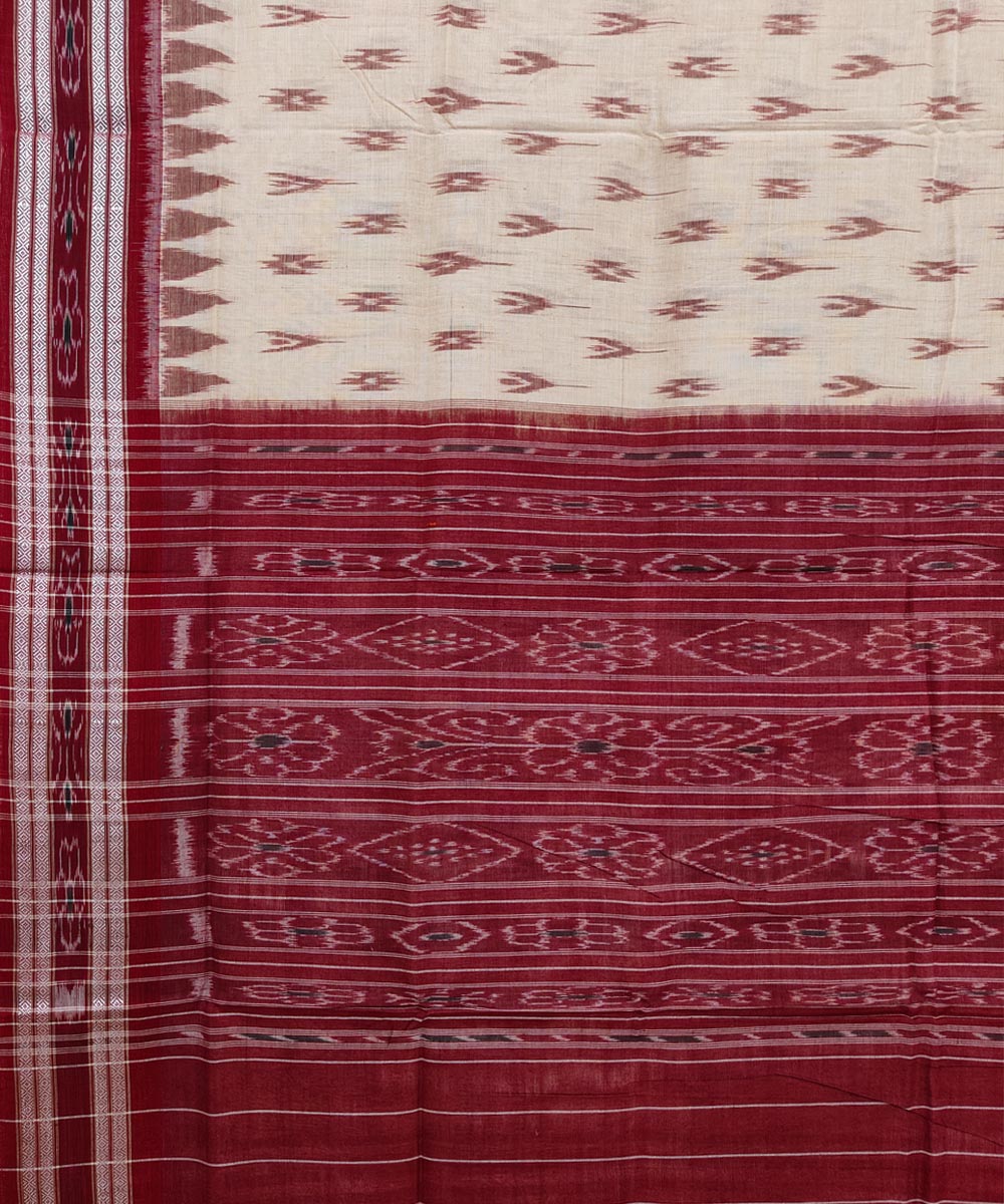 Beige Maroon Sambalpuri Handwoven Single Ikat Cotton Saree Image 4
