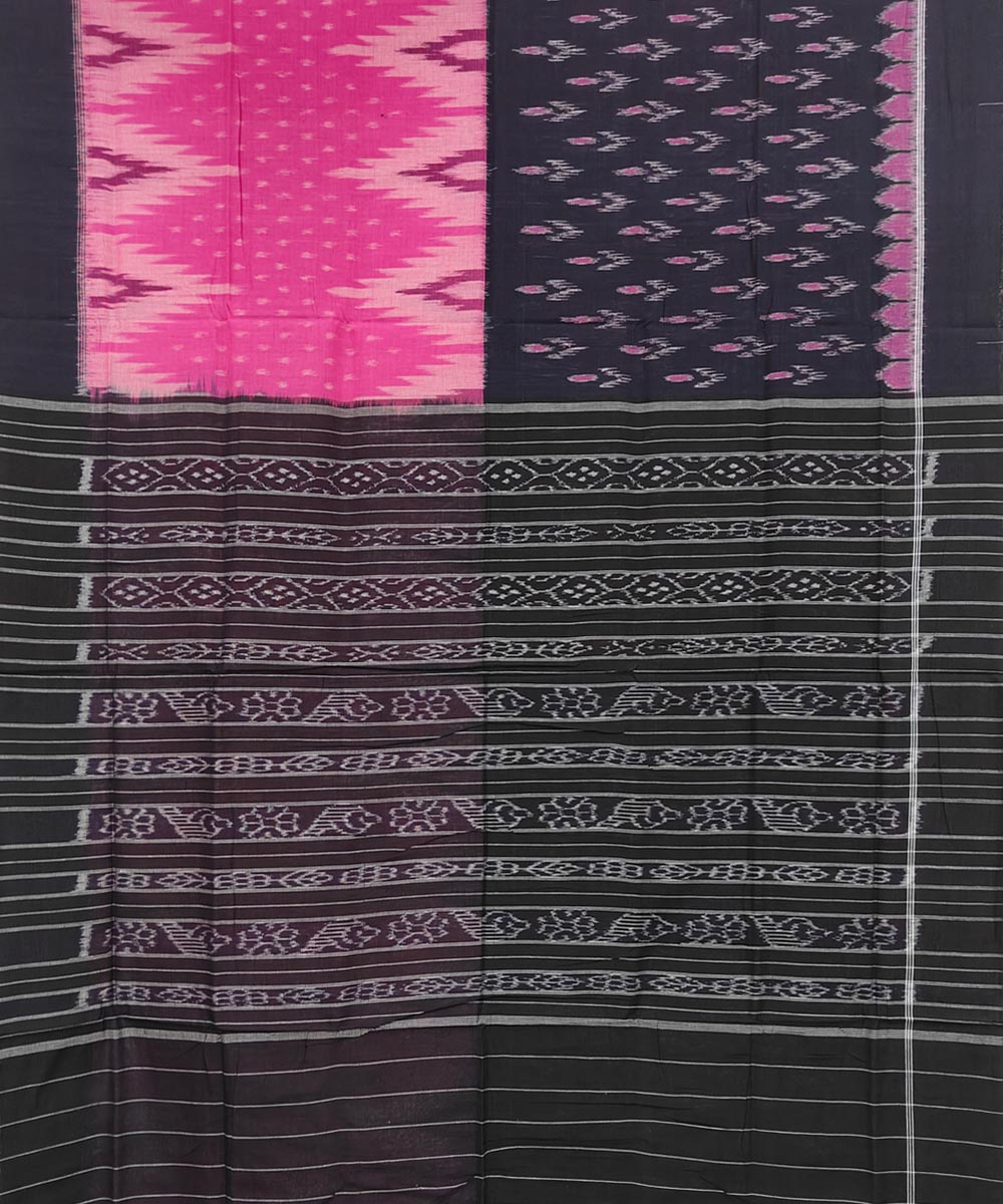 Pink Black Sambalpuri Handwoven Single Ikat Cotton Saree Image 2