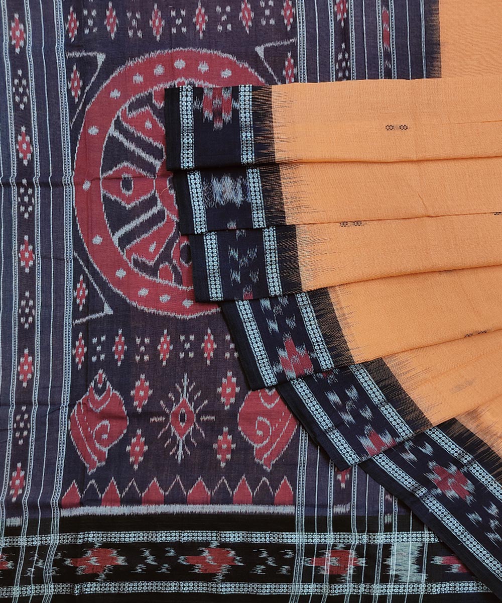 Orange Black Sambalpuri Handwoven Single Ikat Cotton Saree Image 1