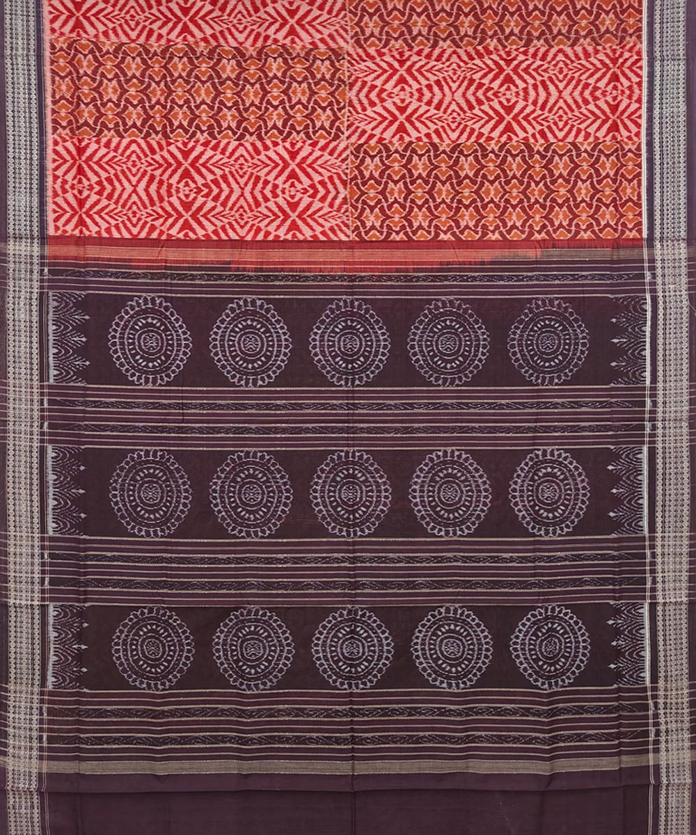 Red Coffee Sambalpuri Handwoven Single Ikat Cotton Saree Image 2