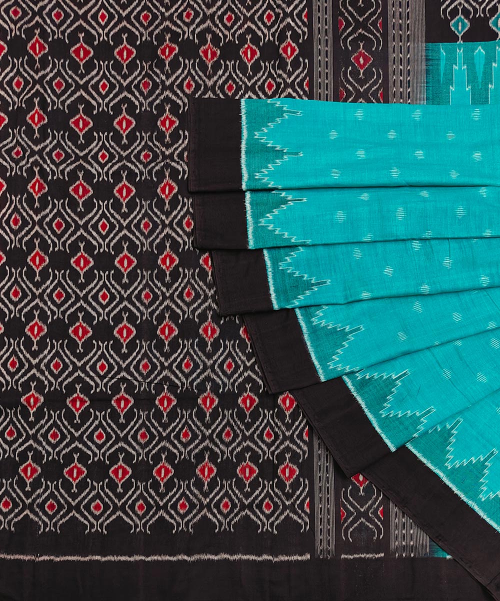 Green Black Sambalpuri Handwoven Single Ikat Cotton Saree Image 1