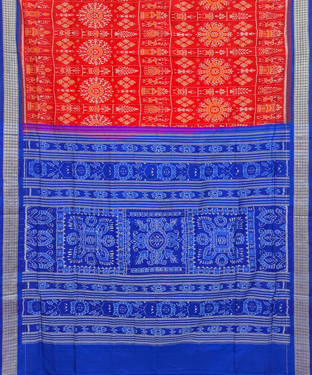 Red Blue Sambalpuri Handwoven Silk Saree Image 2