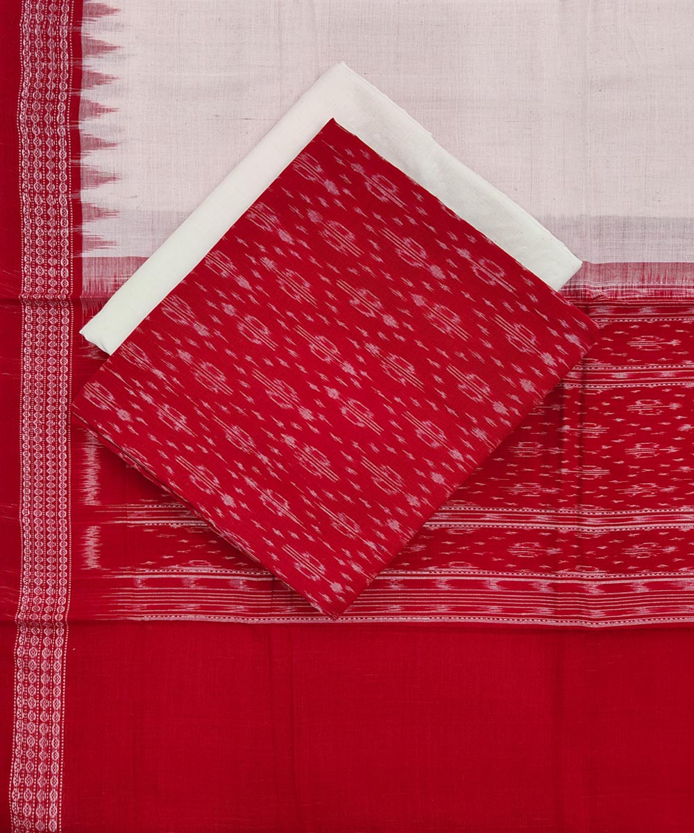Red White Sambalpuri Handwoven Single Ikat Suit Image 1
