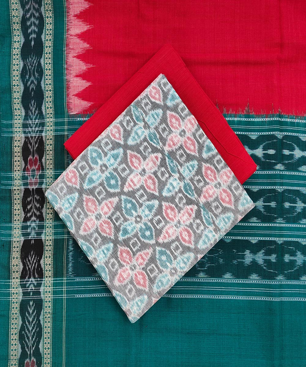 Gray Red Sambalpuri Handwoven Single Ikat Suit SFCSUT1974