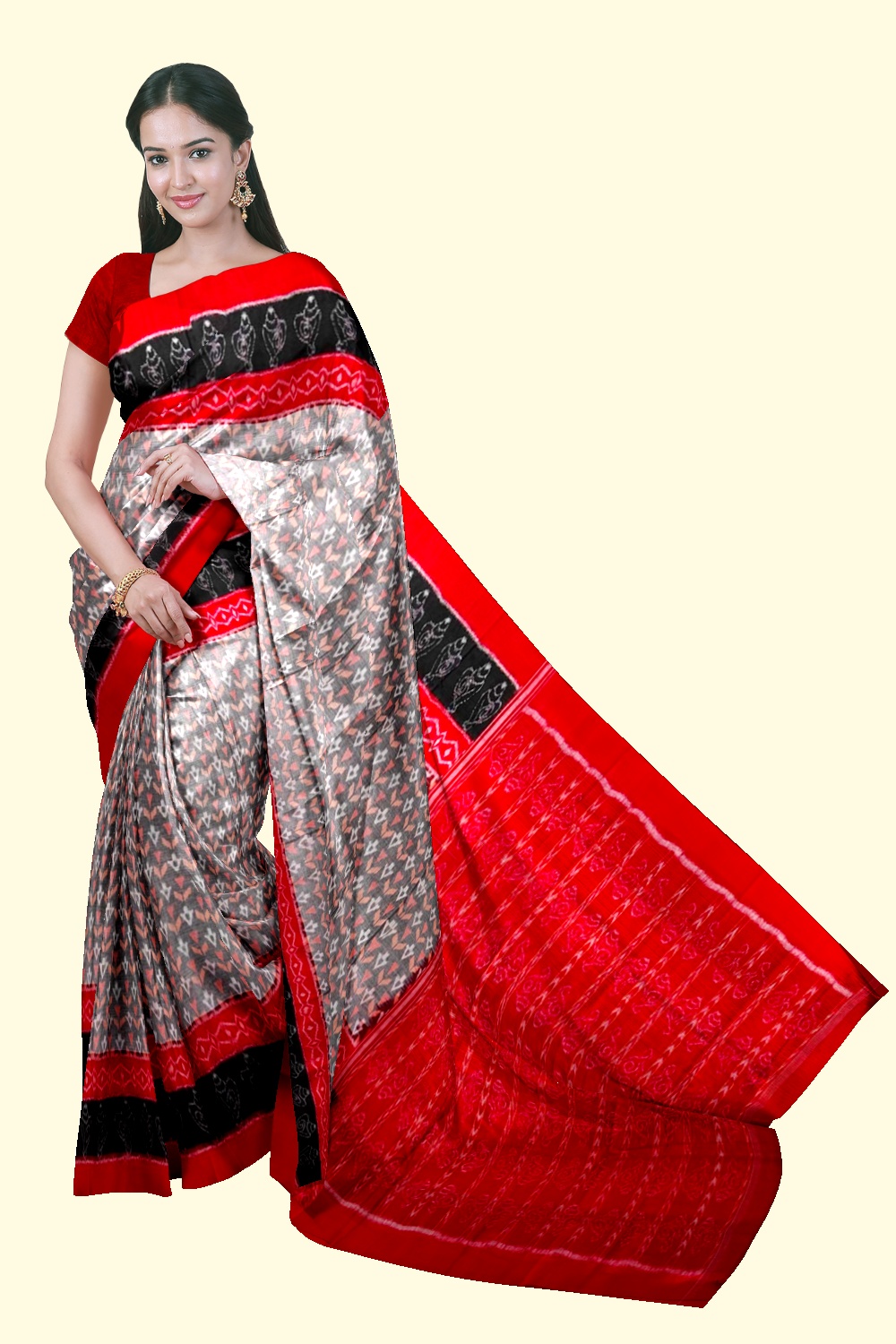 Gray Red Sambalpuri Handwoven Single Ikat Cotton Saree SFCSAR1976