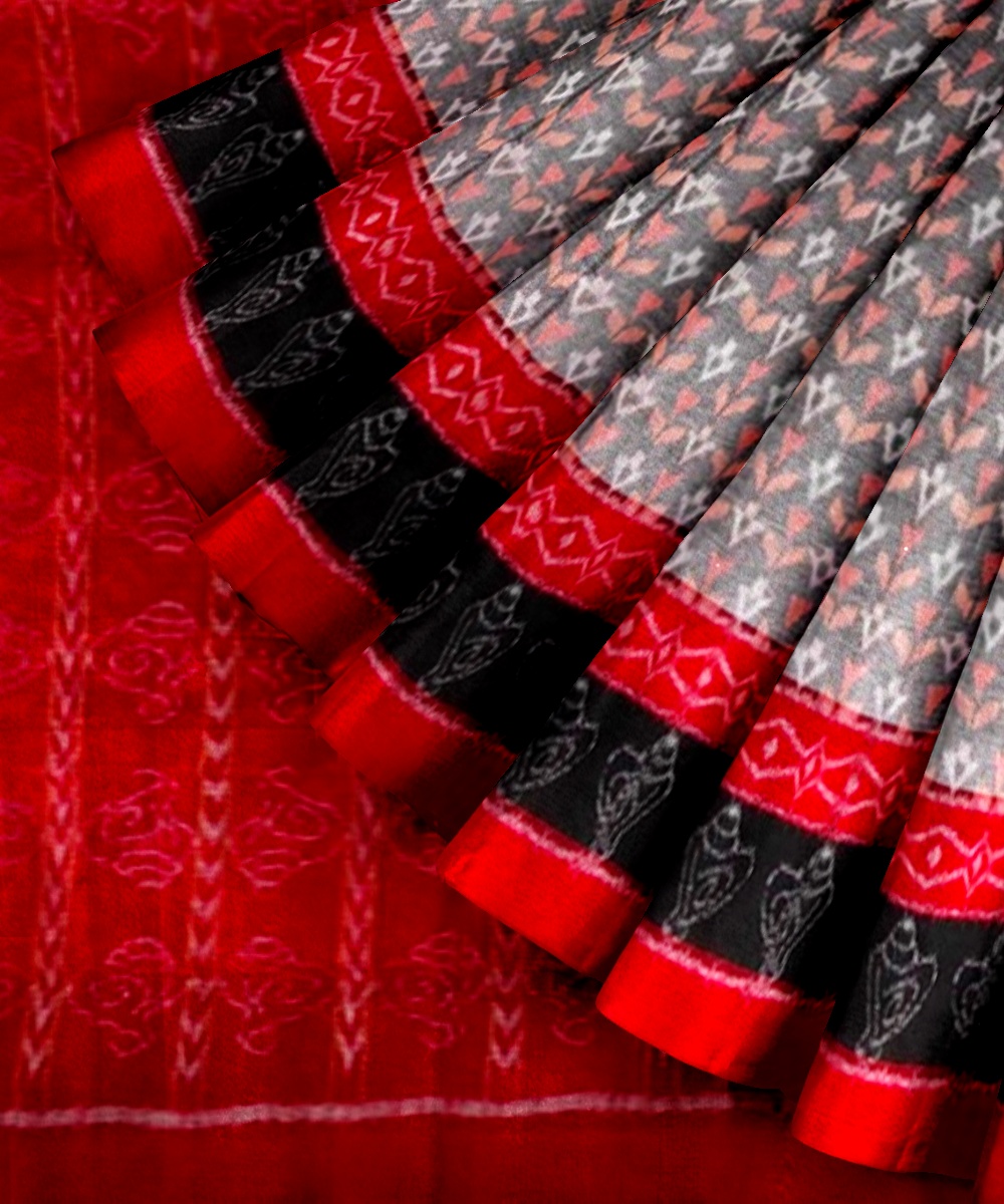 Gray Red Sambalpuri Handwoven Single Ikat Cotton Saree Image 2