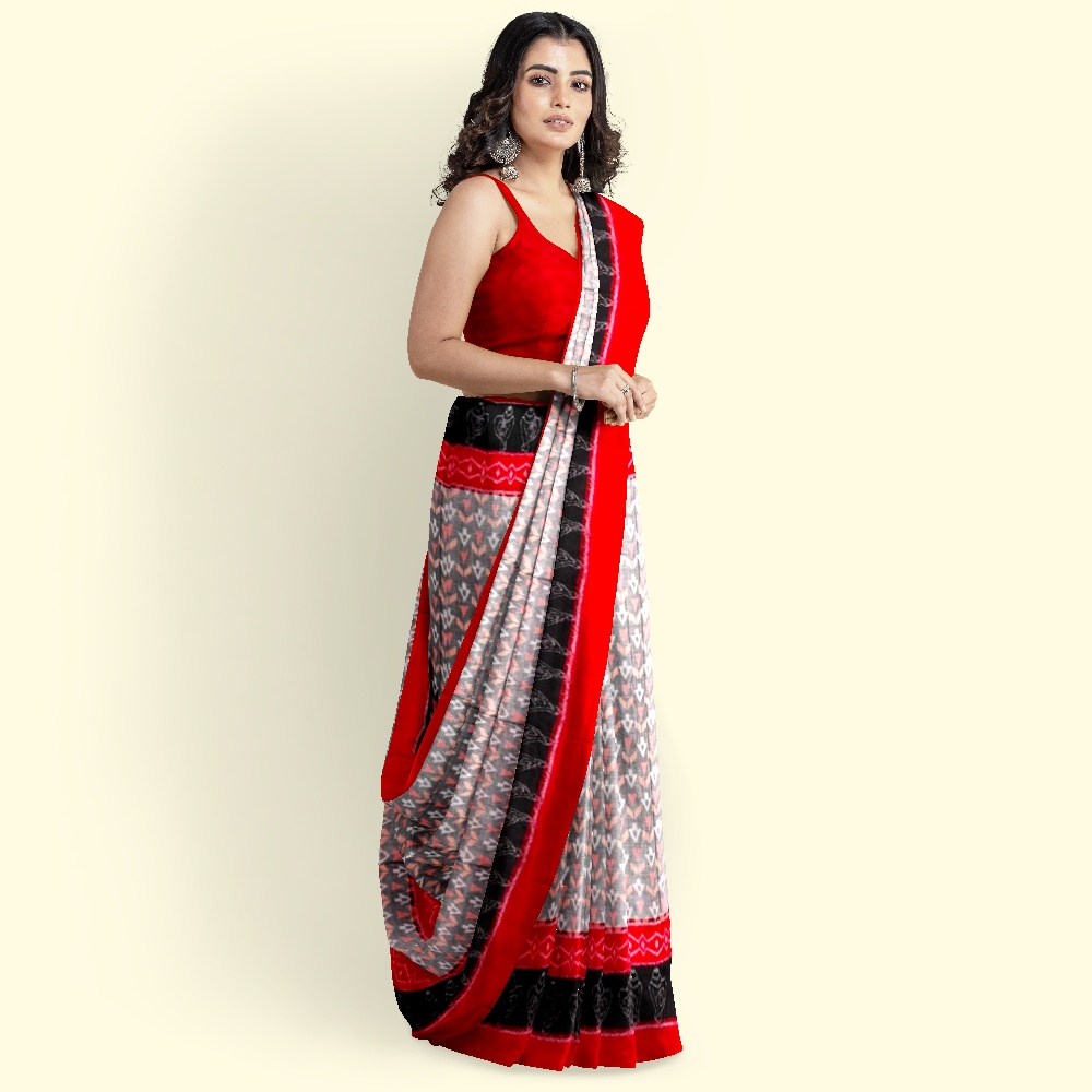 Gray Red Sambalpuri Handwoven Single Ikat Cotton Saree Image 3