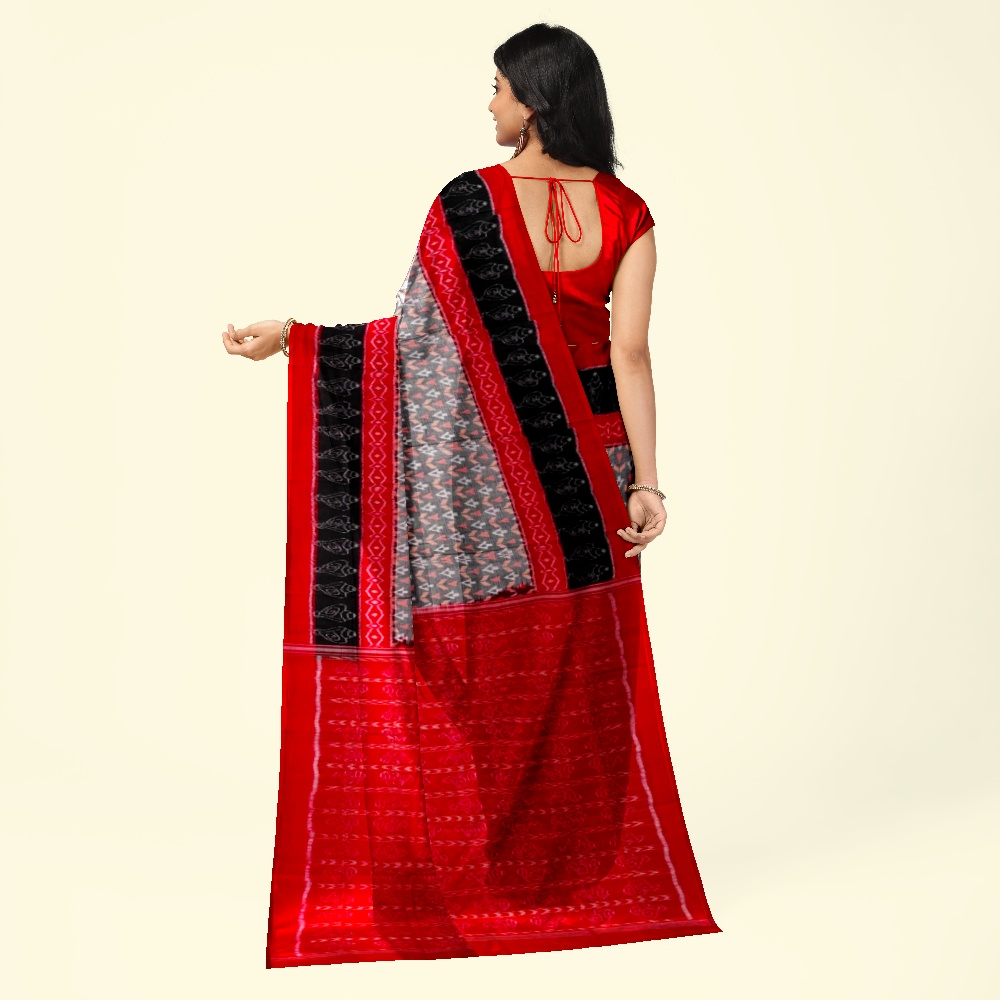 Gray Red Sambalpuri Handwoven Single Ikat Cotton Saree Image 4