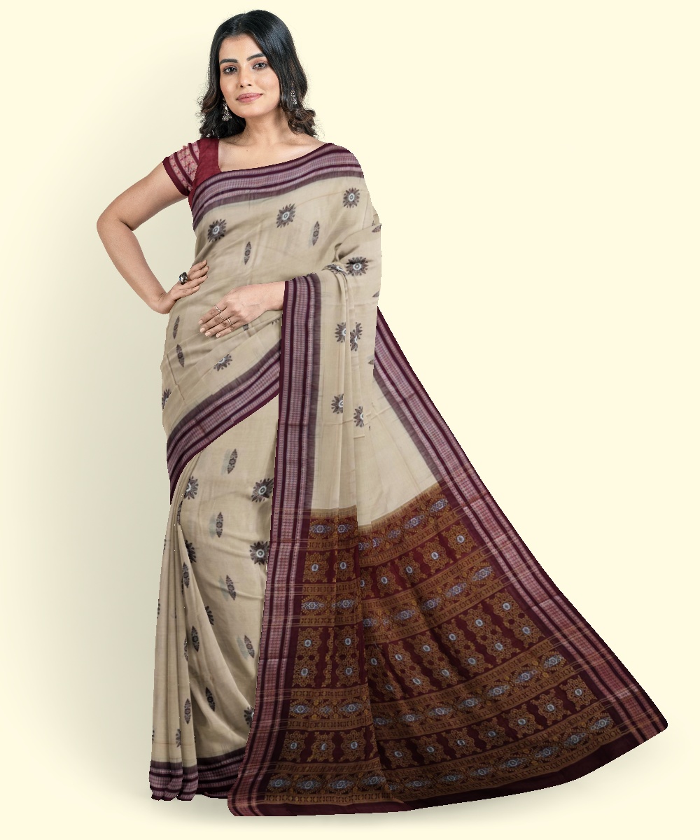 Beige Maroon Bomkai Handwoven Cotton Saree Image 1