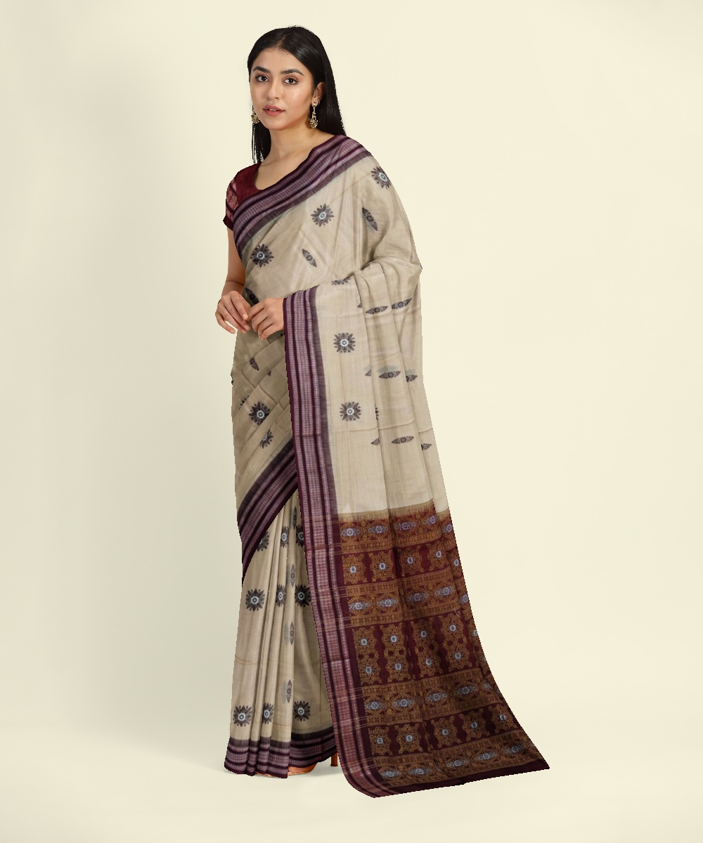 Beige Maroon Bomkai Handwoven Cotton Saree Image 3