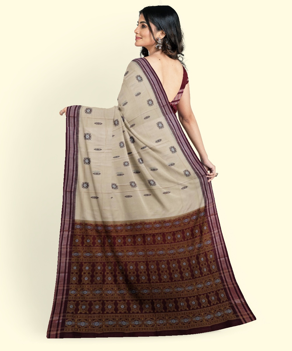 Beige Maroon Bomkai Handwoven Cotton Saree Image 4