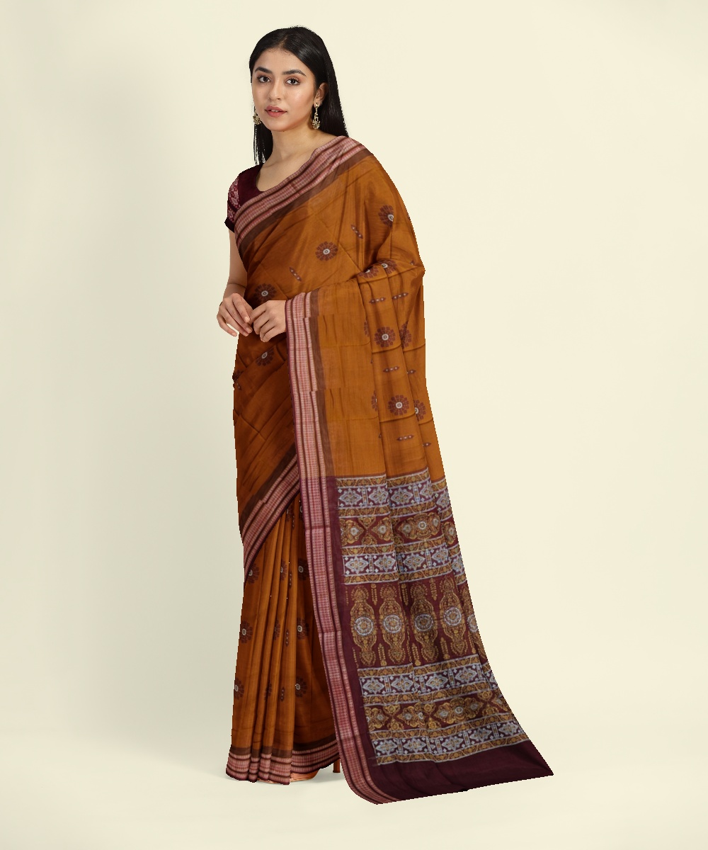 Rust Maroon Bomkai Handwoven Cotton Saree Image 3