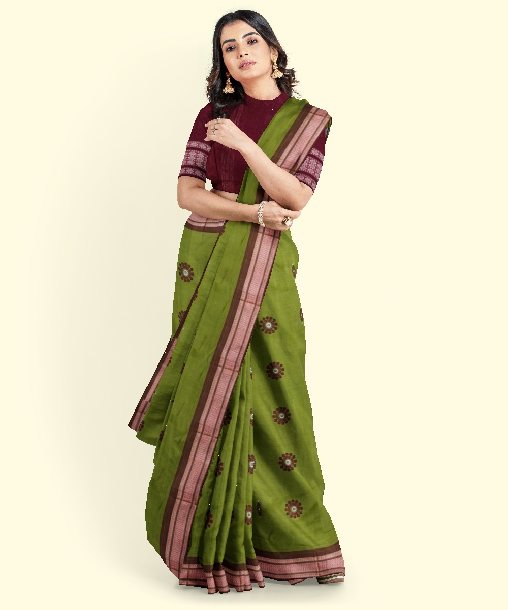 Olive Maroon Bomkai Handwoven Cotton Saree SFCSAR1981