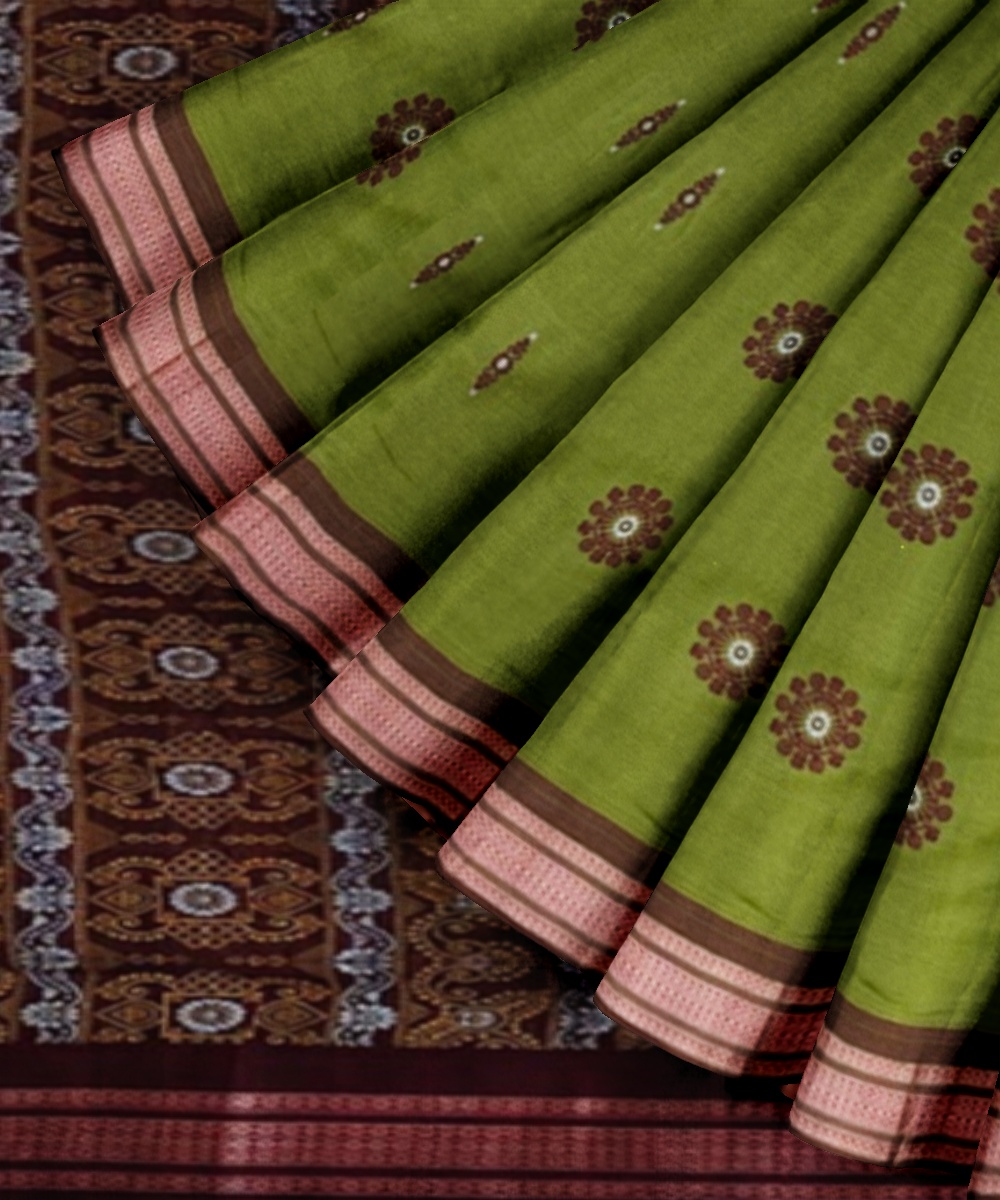 Olive Maroon Bomkai Handwoven Cotton Saree Image 2