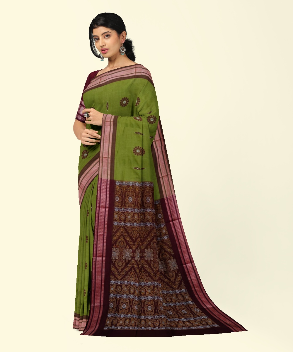 Olive Maroon Bomkai Handwoven Cotton Saree Image 3
