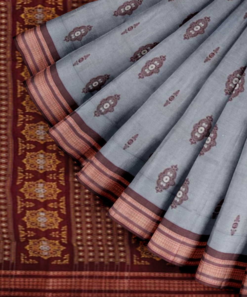 Gray Maroon Bomkai Handwoven Cotton Saree Image 2