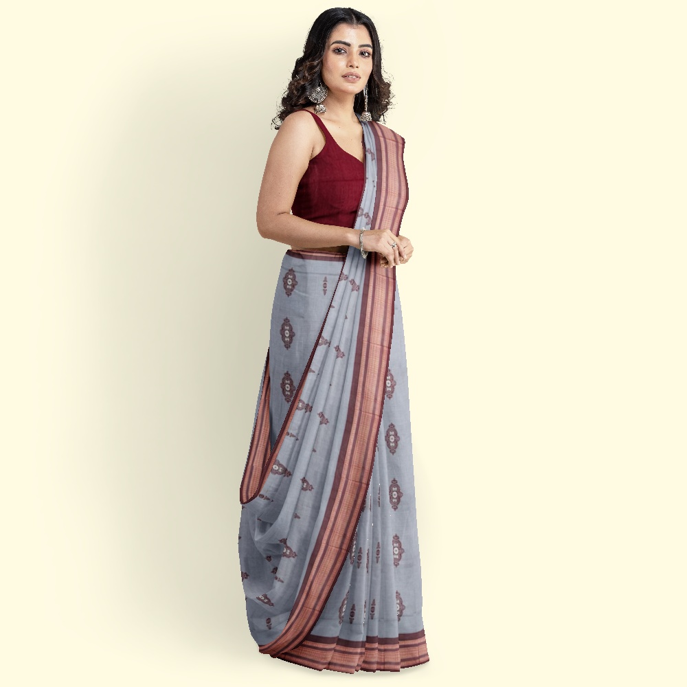 Gray Maroon Bomkai Handwoven Cotton Saree Image 3