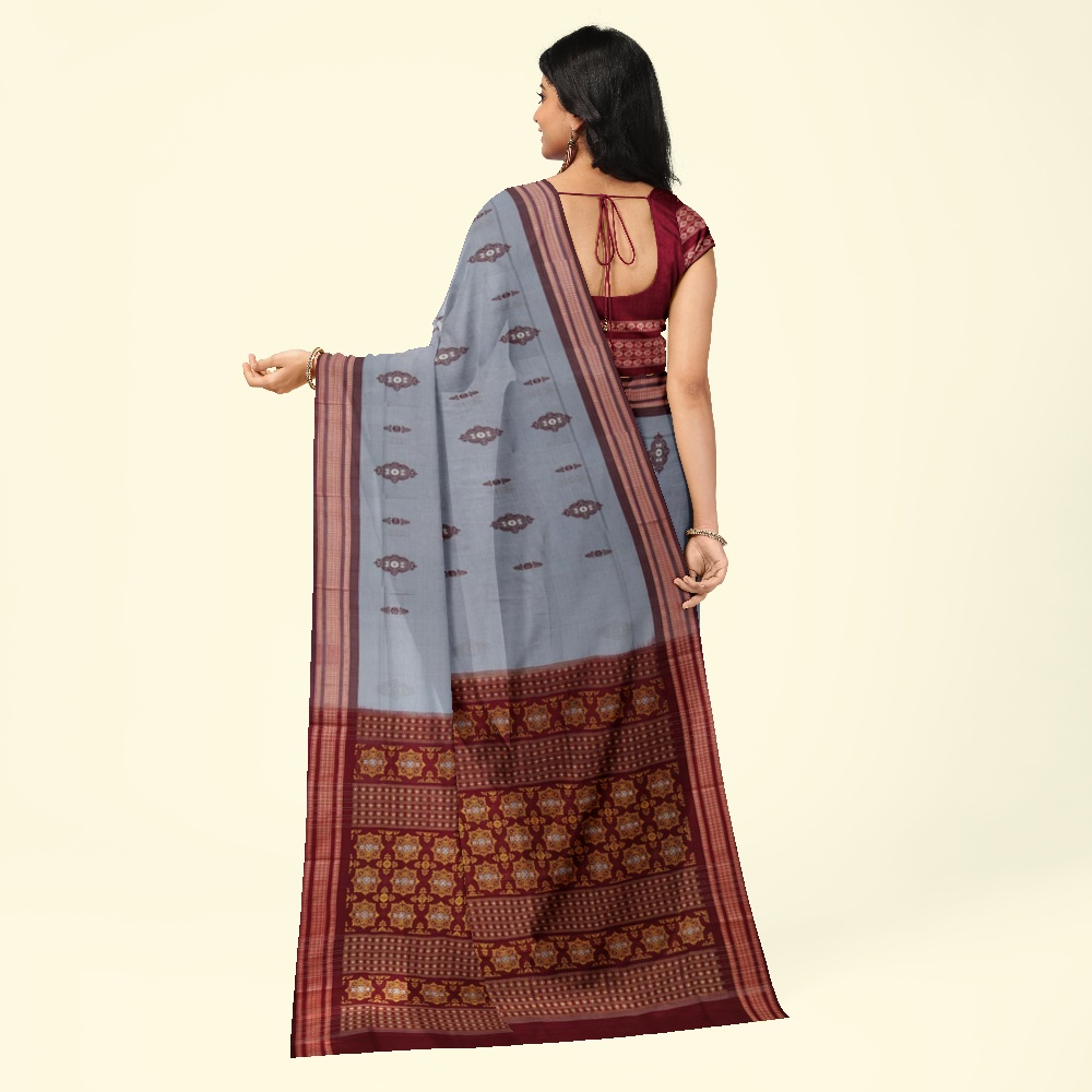 Gray Maroon Bomkai Handwoven Cotton Saree Image 4