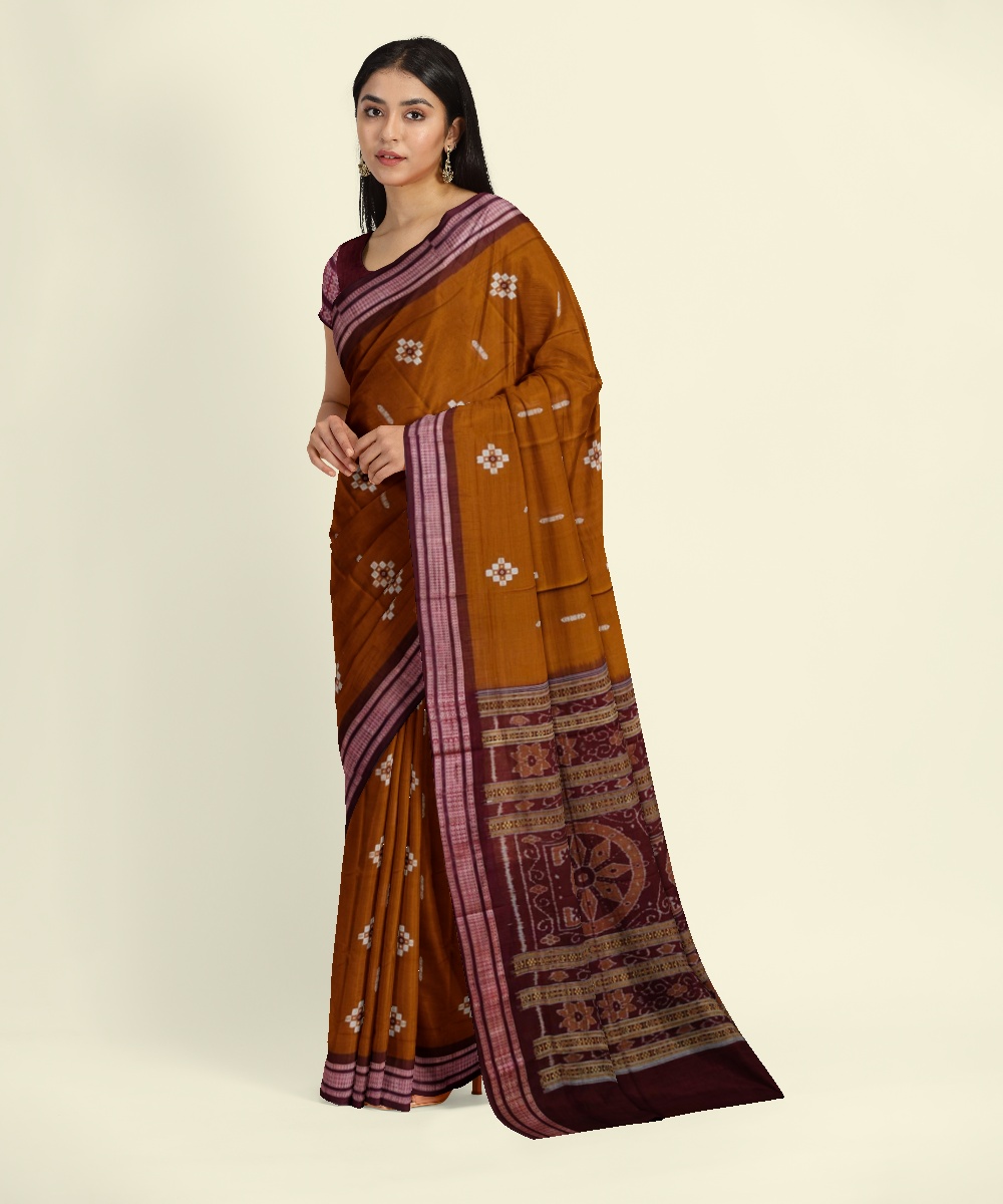 Brown Maroon Bomkai Handwoven Cotton Saree Image 3