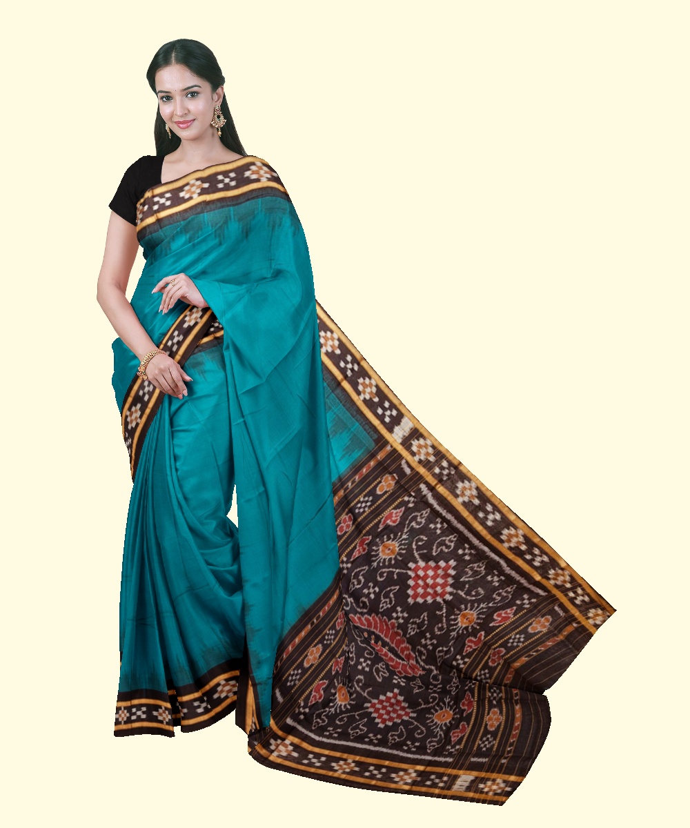 Green Black Sambalpuri Handwoven Single Ikat Cotton Saree SFCSAR1984