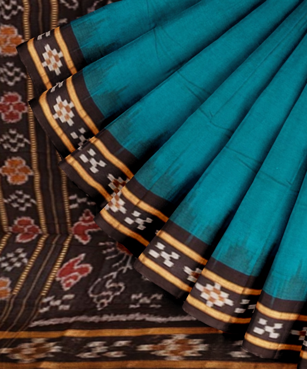 Green Black Sambalpuri Handwoven Single Ikat Cotton Saree Image 2