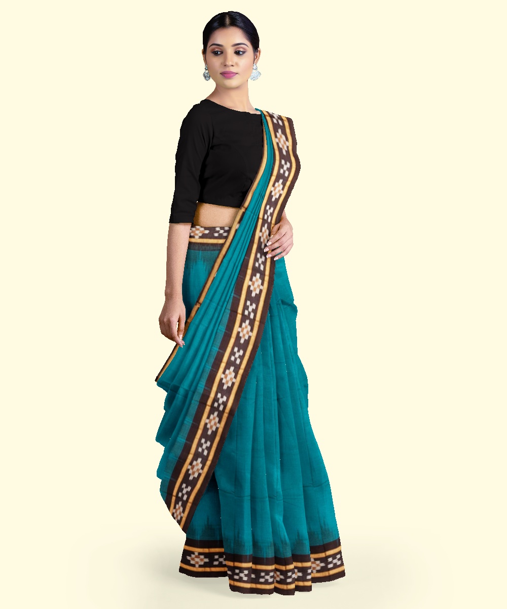 Green Black Sambalpuri Handwoven Single Ikat Cotton Saree Image 3