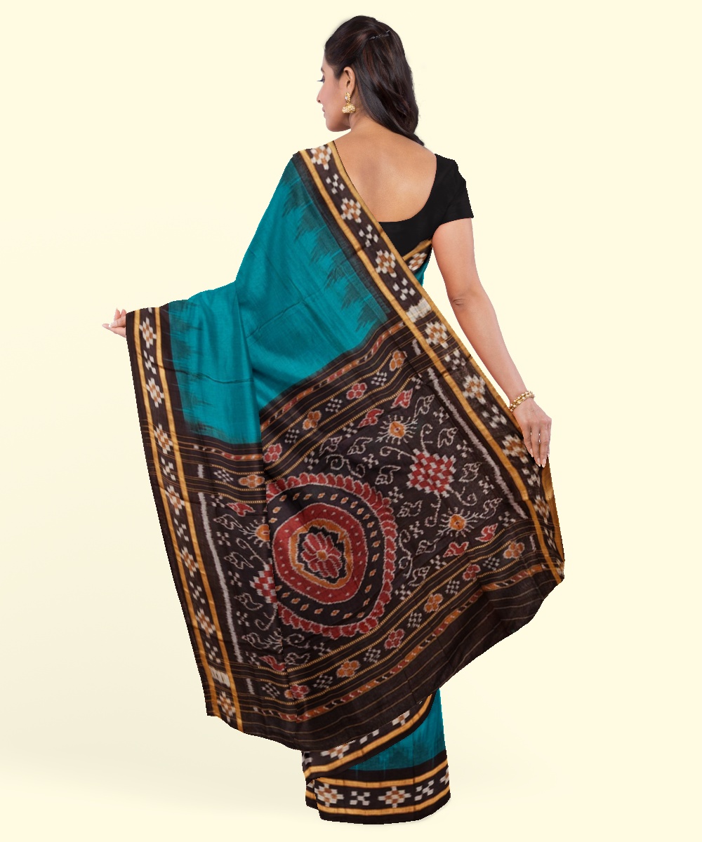 Green Black Sambalpuri Handwoven Single Ikat Cotton Saree Image 4
