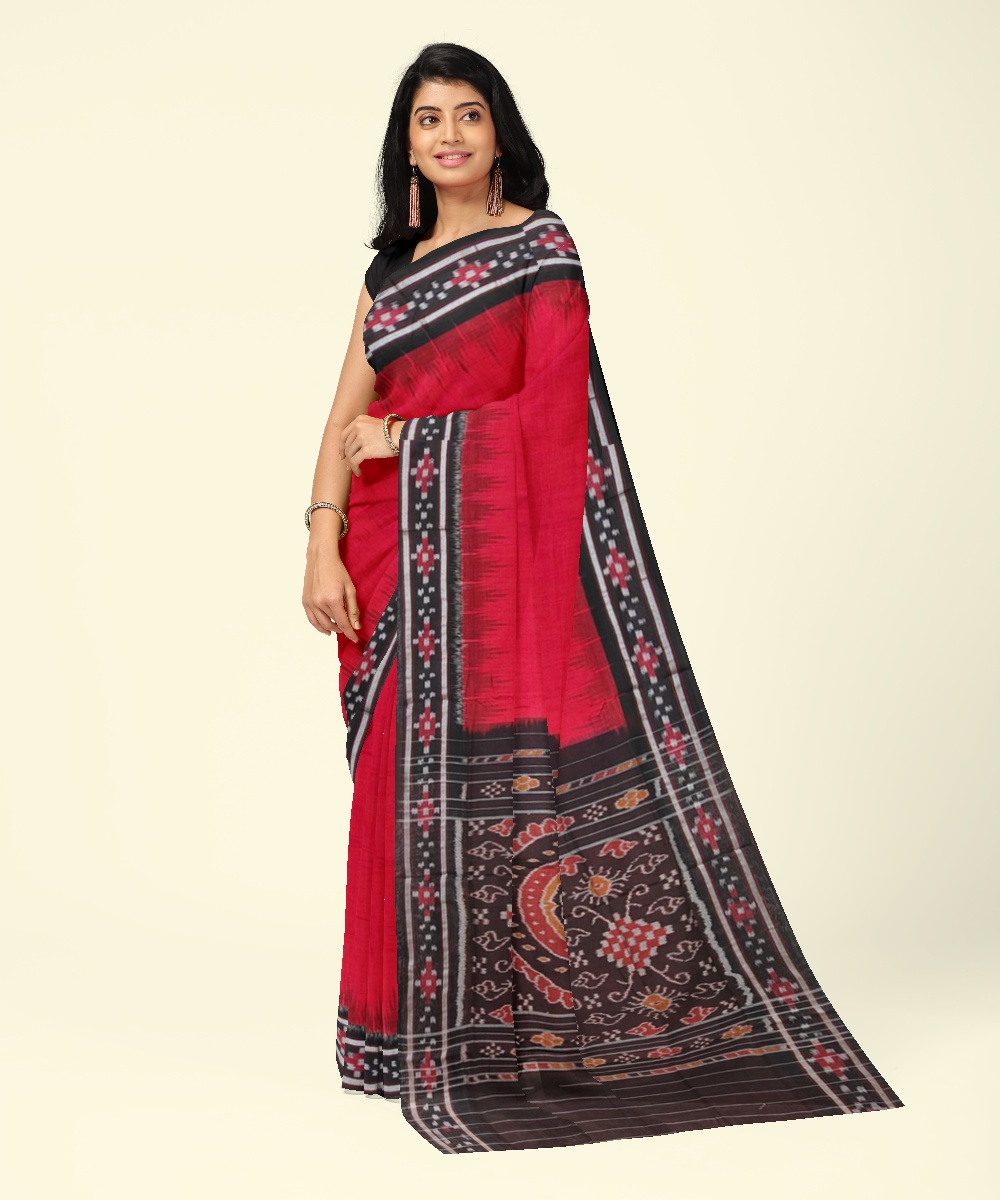 Red Black Sambalpuri Handwoven Single Ikat Cotton Saree SFCSAR1985