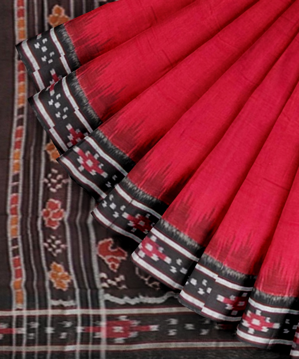 Red Black Sambalpuri Handwoven Single Ikat Cotton Saree Image 2