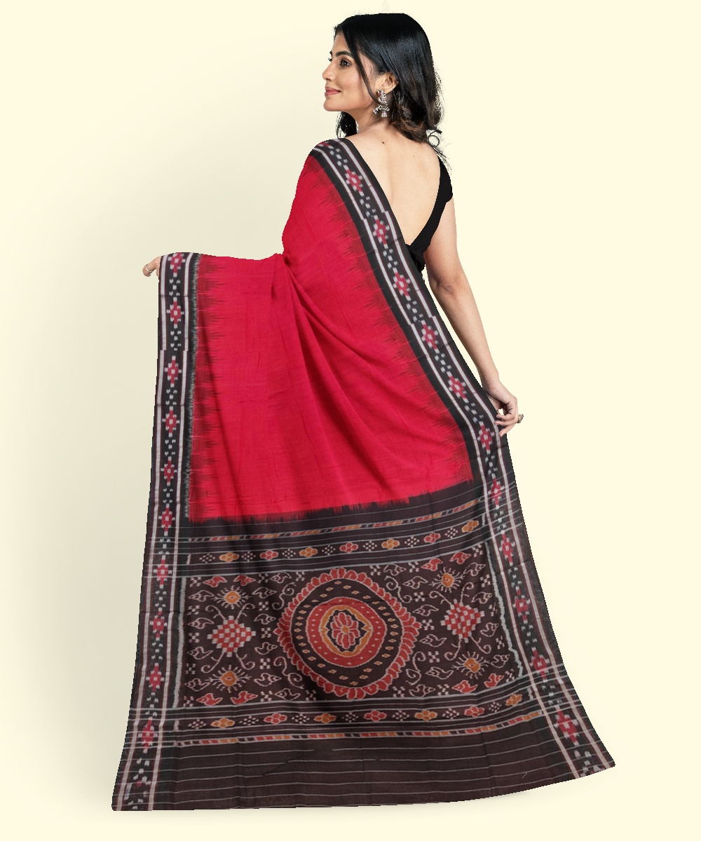 Red Black Sambalpuri Handwoven Single Ikat Cotton Saree Image 4
