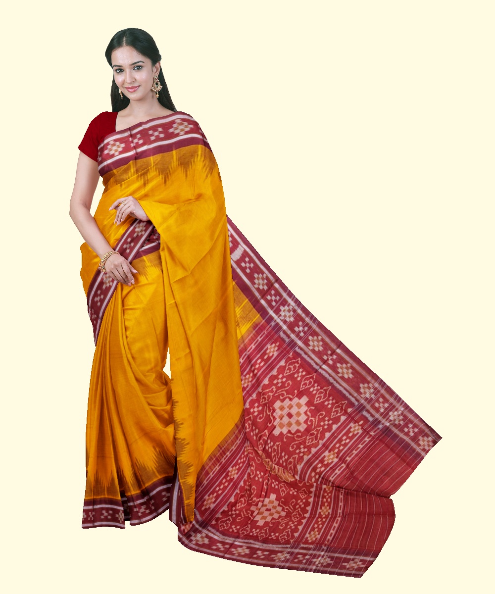 Yellow Red Sambalpuri Handwoven Single Ikat Cotton Saree SFCSAR1986