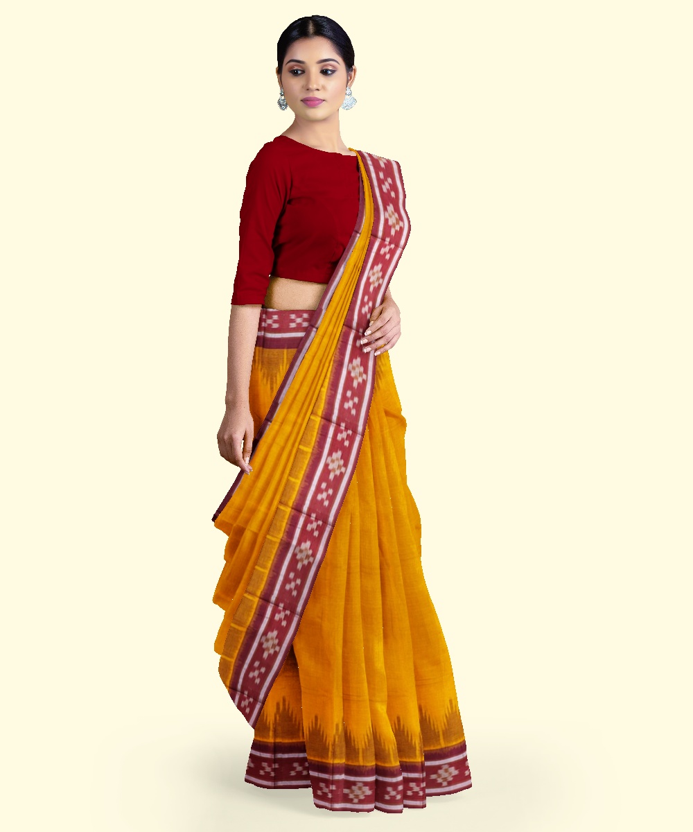 Yellow Red Sambalpuri Handwoven Single Ikat Cotton Saree Image 3