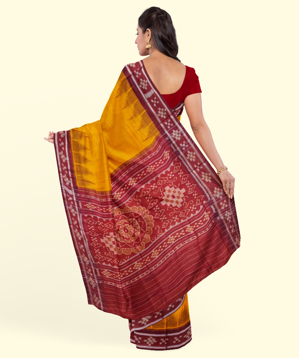Yellow Red Sambalpuri Handwoven Single Ikat Cotton Saree Image 4