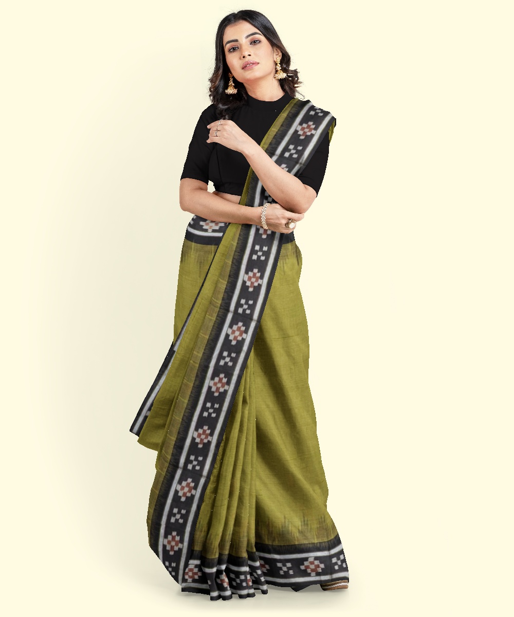 Olive Black Sambalpuri Handwoven Single Ikat Cotton Saree Image 1
