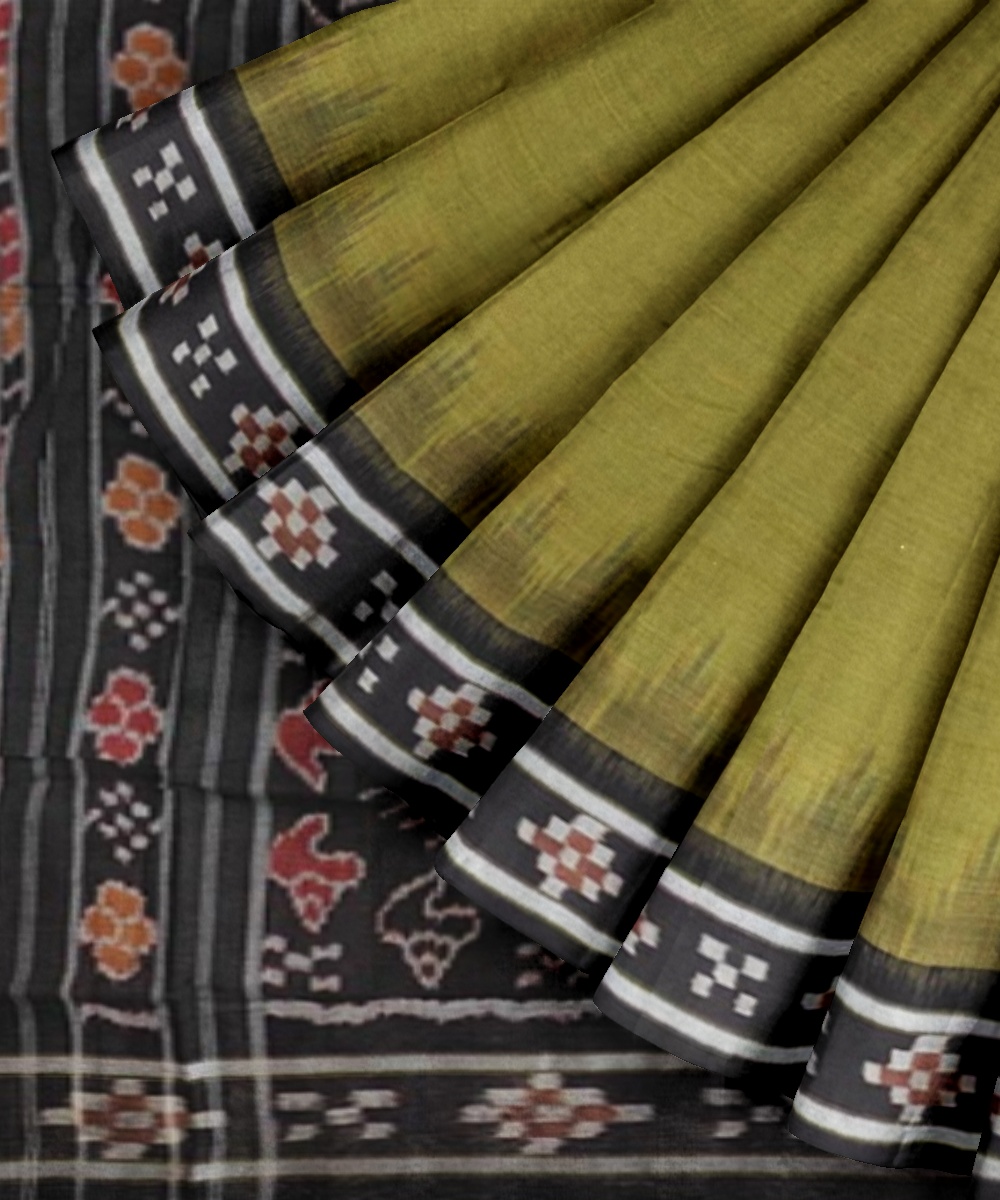 Olive Black Sambalpuri Handwoven Single Ikat Cotton Saree Image 2
