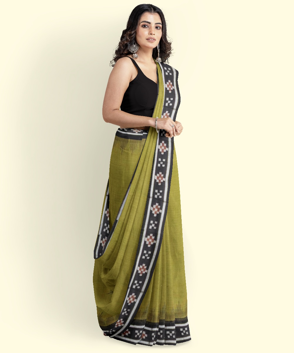 Olive Black Sambalpuri Handwoven Single Ikat Cotton Saree Image 3