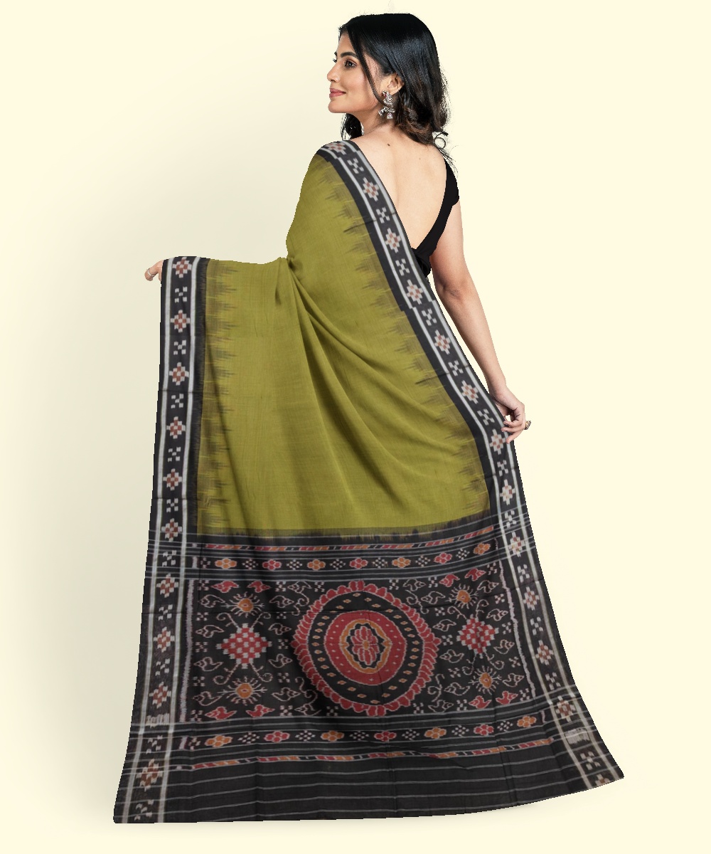 Olive Black Sambalpuri Handwoven Single Ikat Cotton Saree Image 4