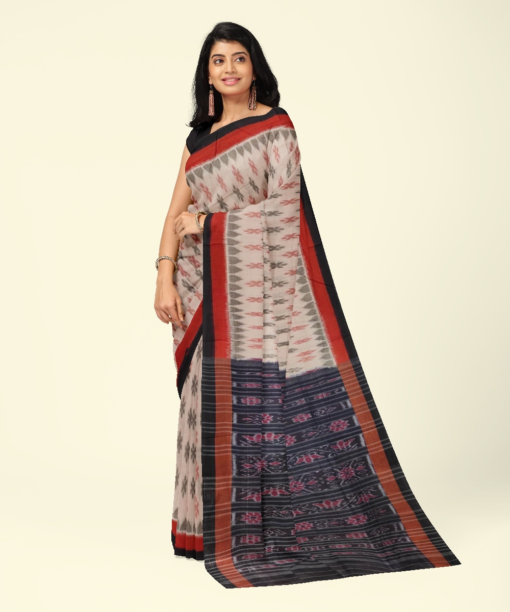 Beige Black Sambalpuri Handwoven Single Ikat Cotton Saree Image 1