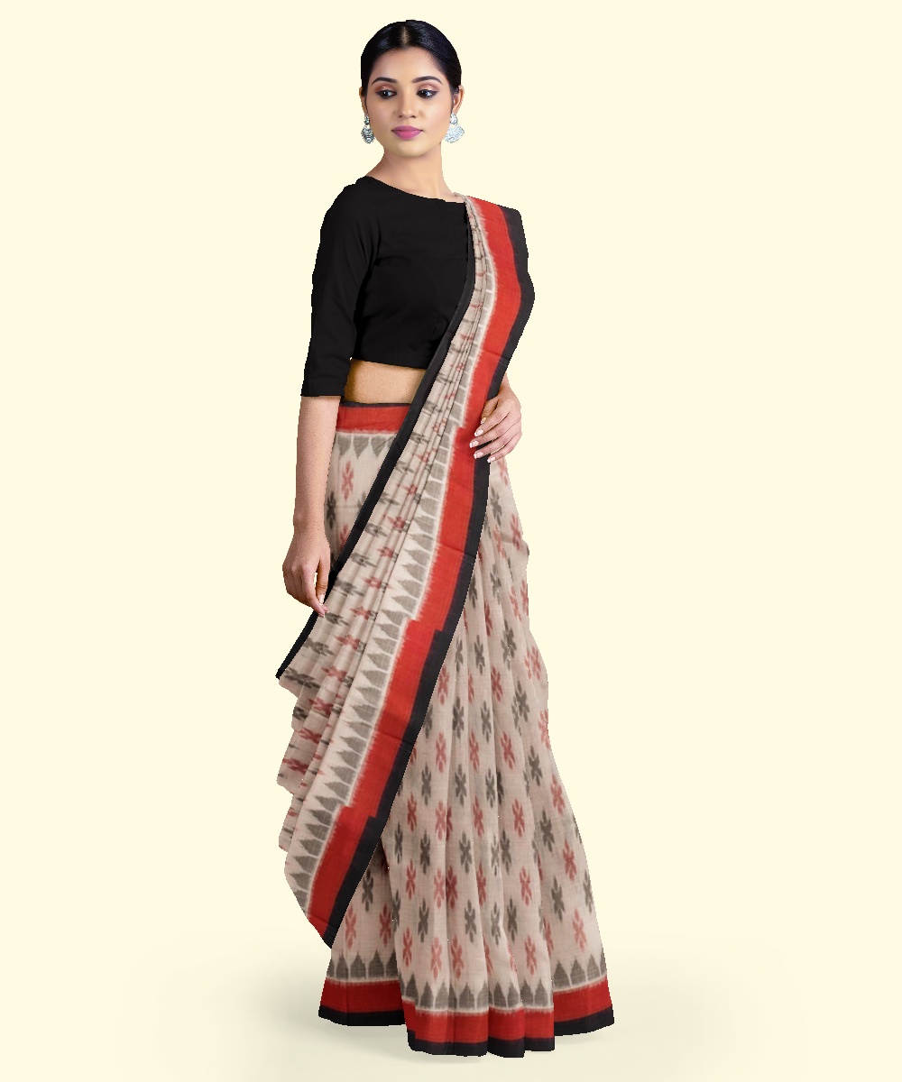 Beige Black Sambalpuri Handwoven Single Ikat Cotton Saree Image 3