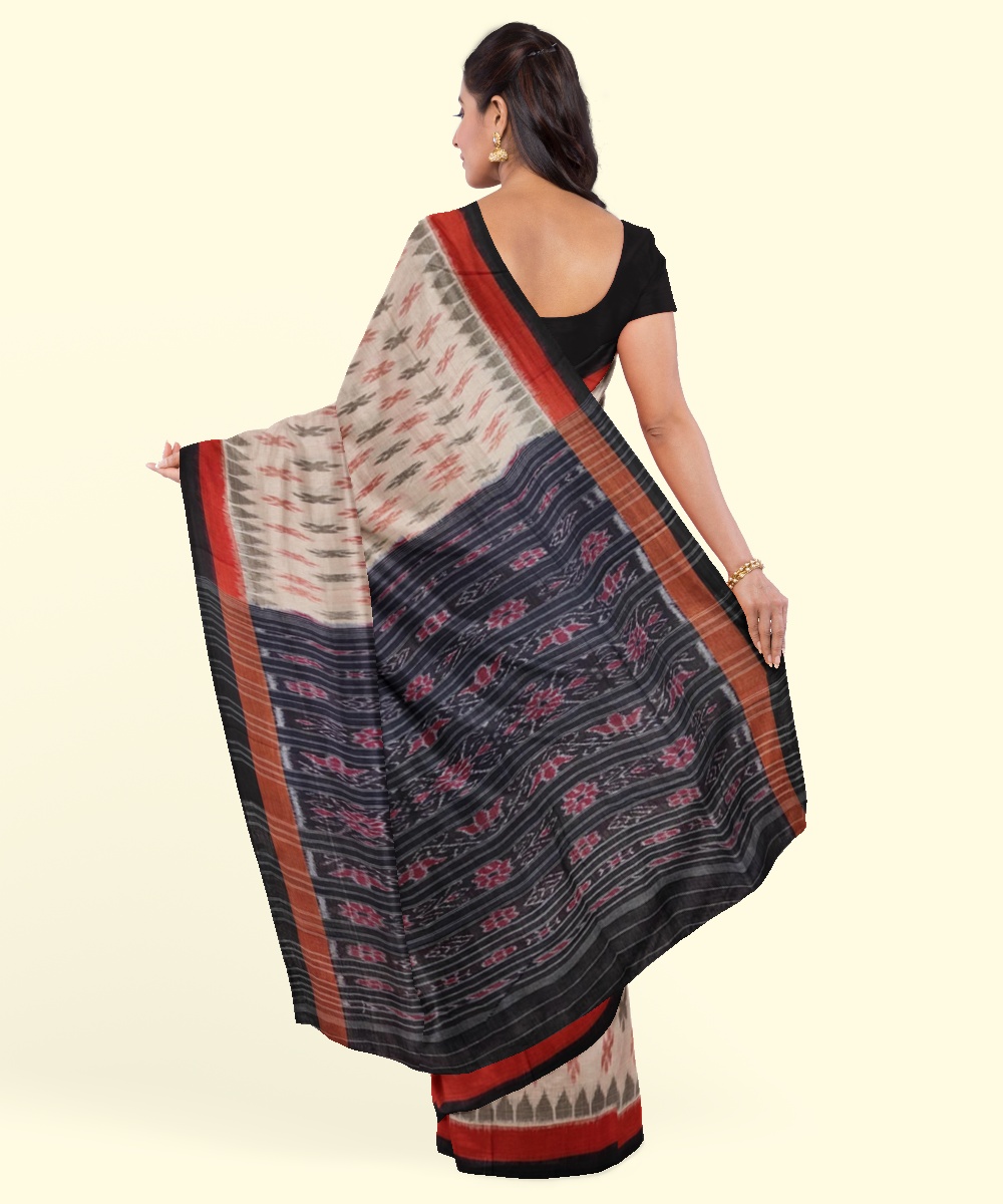 Beige Black Sambalpuri Handwoven Single Ikat Cotton Saree Image 4