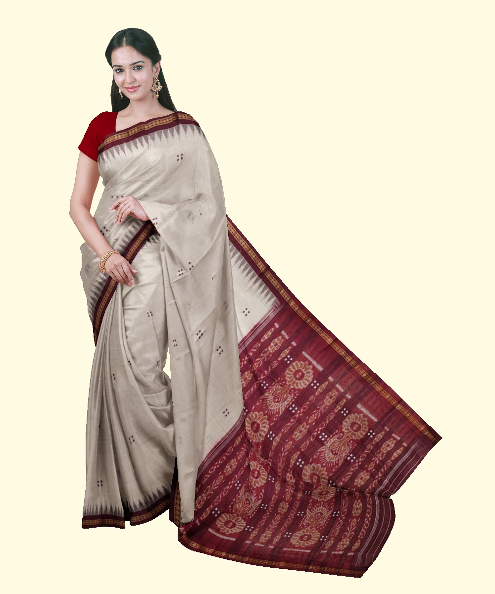 Beige Maroon Sambalpuri Handwoven Single Ikat Cotton Saree Image 1