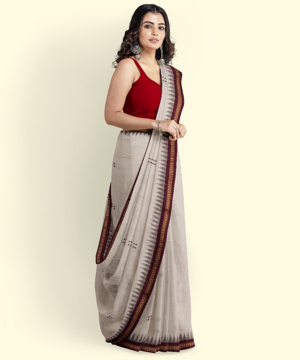 Beige Maroon Sambalpuri Handwoven Single Ikat Cotton Saree Image 3