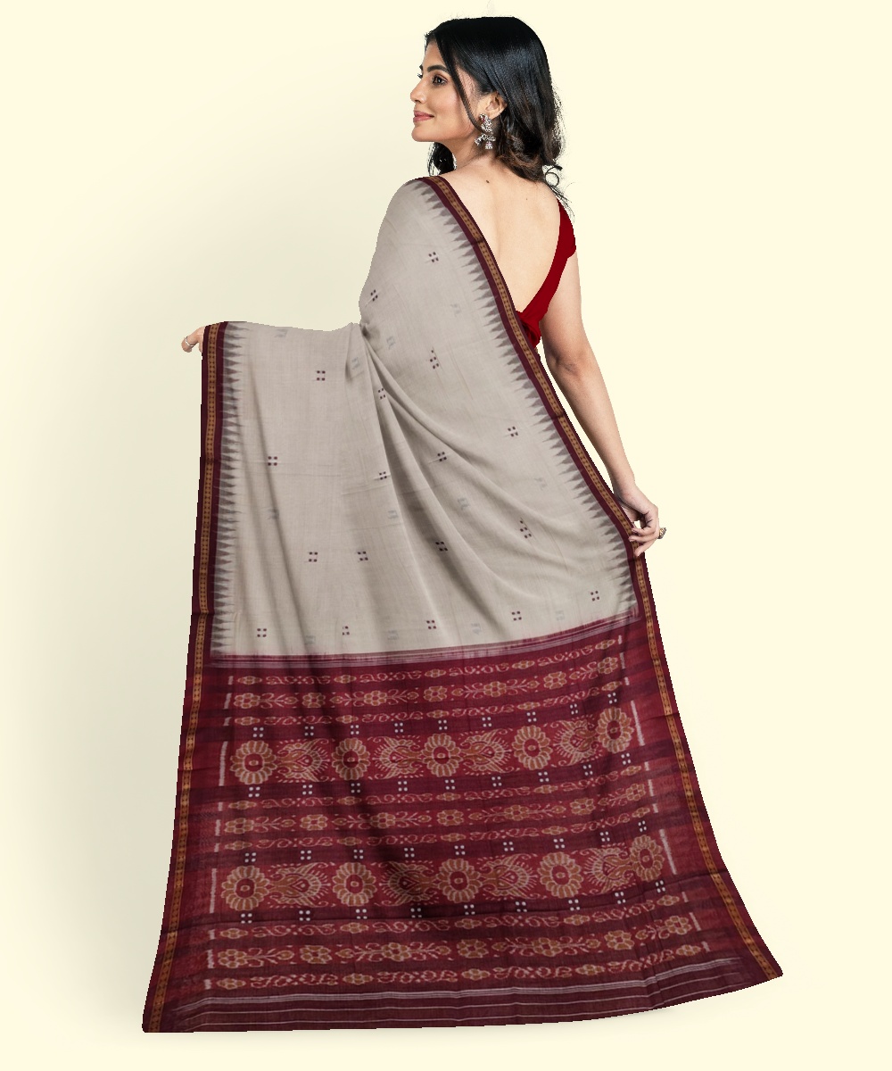 Beige Maroon Sambalpuri Handwoven Single Ikat Cotton Saree Image 4