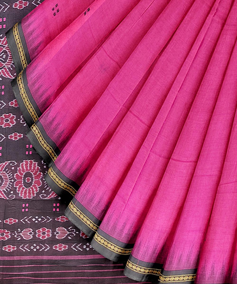 Pink Black Sambalpuri Handwoven Single Ikat Cotton Saree Image 2