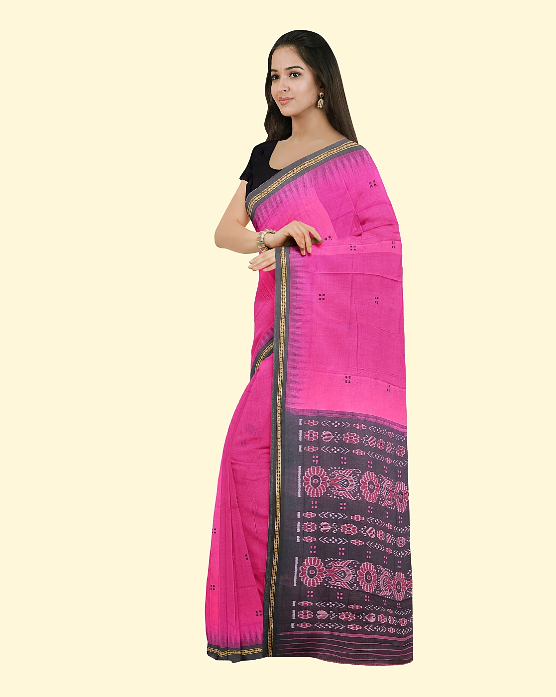 Pink Black Sambalpuri Handwoven Single Ikat Cotton Saree Image 3
