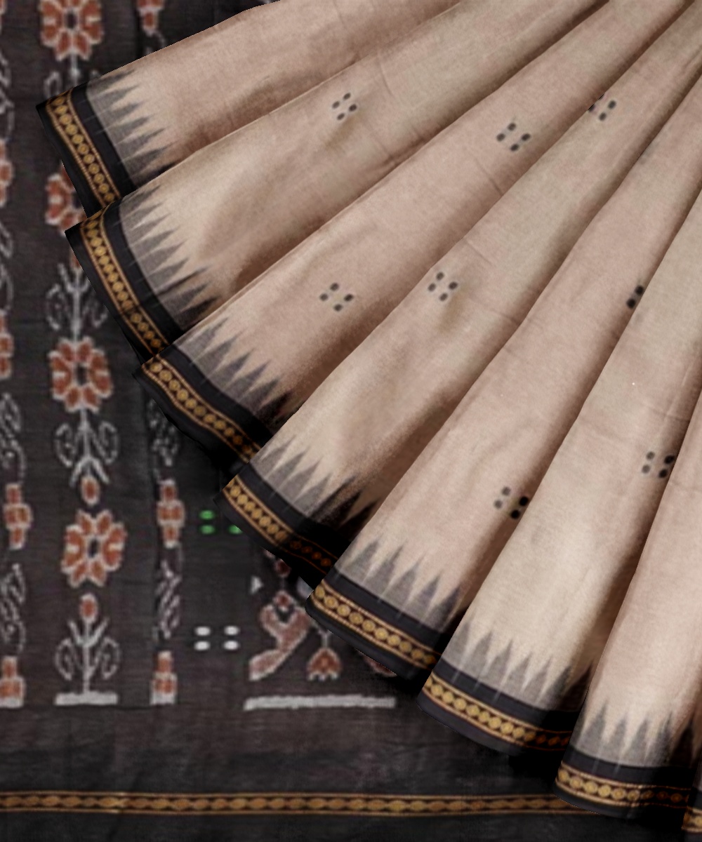 Beige Black Sambalpuri Handwoven Single Ikat Cotton Saree Image 2