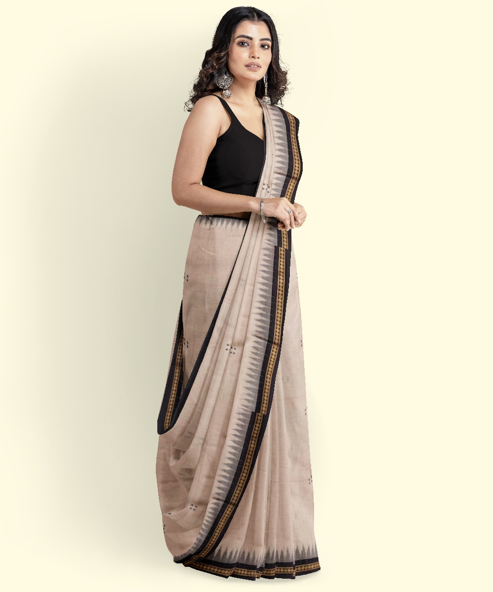 Beige Black Sambalpuri Handwoven Single Ikat Cotton Saree Image 3