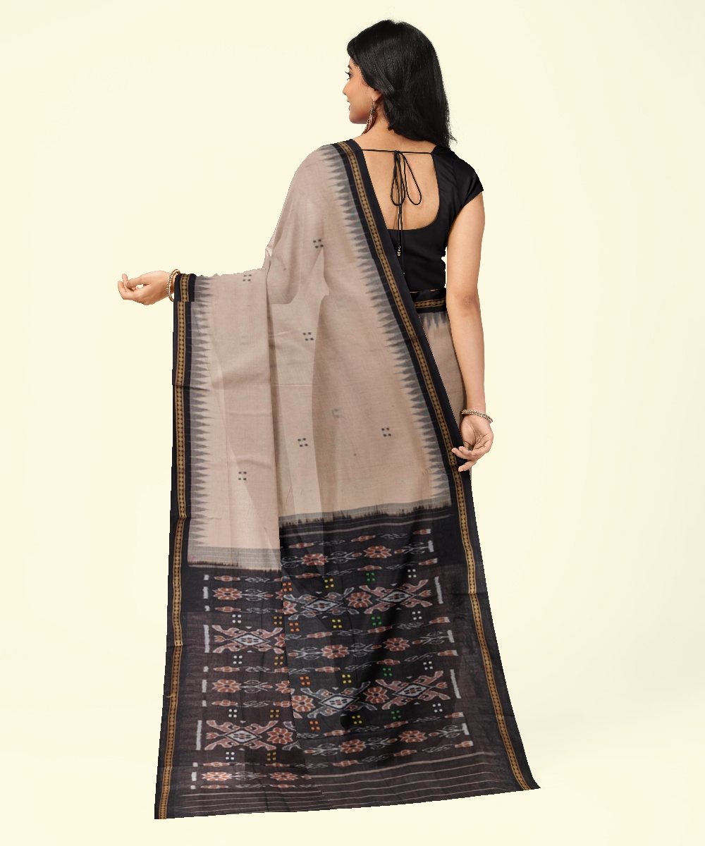 Beige Black Sambalpuri Handwoven Single Ikat Cotton Saree Image 4