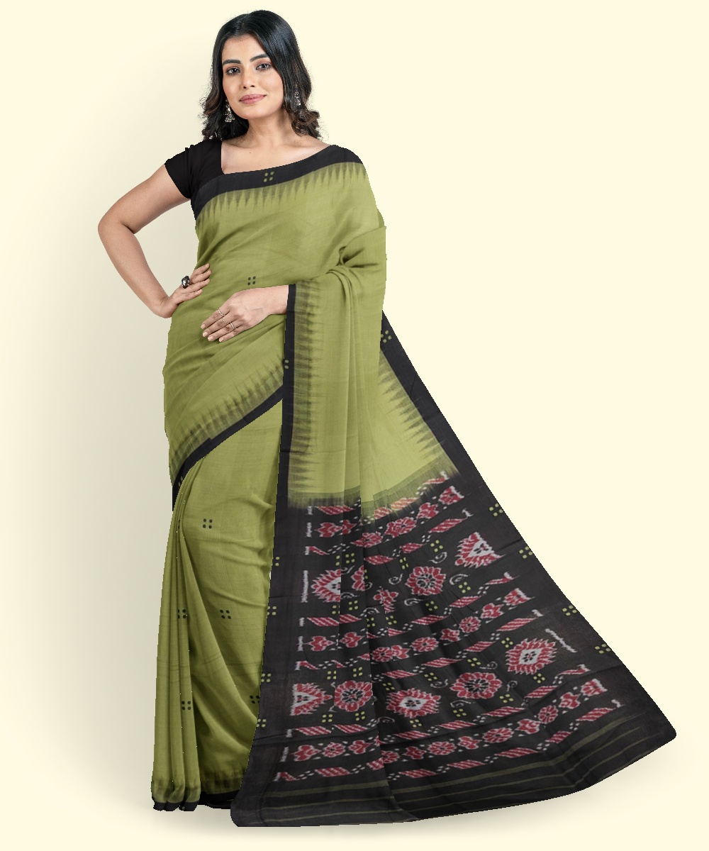 Olive Black Sambalpuri Handwoven Single Ikat Cotton Saree Image 1